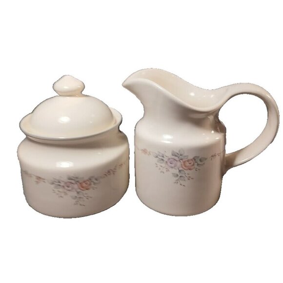 Pfaltzgraff Trousseau Lidded Sugar Bowl and Creamer Pitcher Vintage Stoneware - Picture 1 of 9